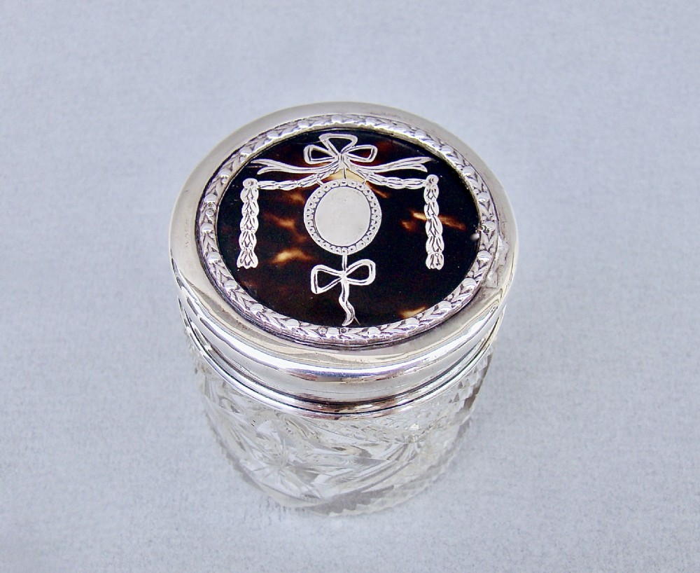 exquisite edwardian silver tortoiseshell cut glass vanity jar by rcomyns london 1909