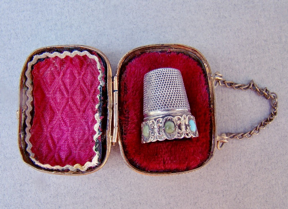 exquisite 19th c french silver stone set thimble in ormulu chatelaine case