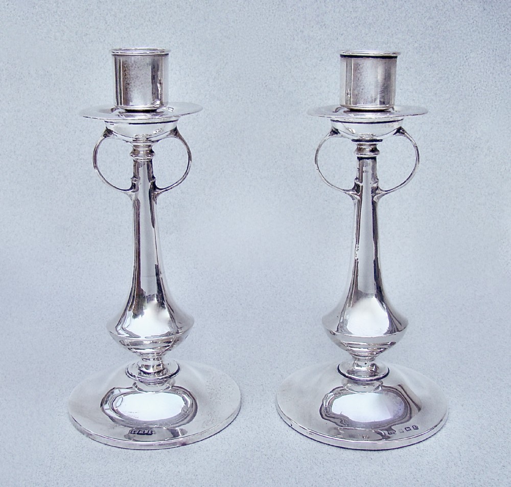 elegant pair of arts craft small silver candlesticks by james fenton birmingham 1906