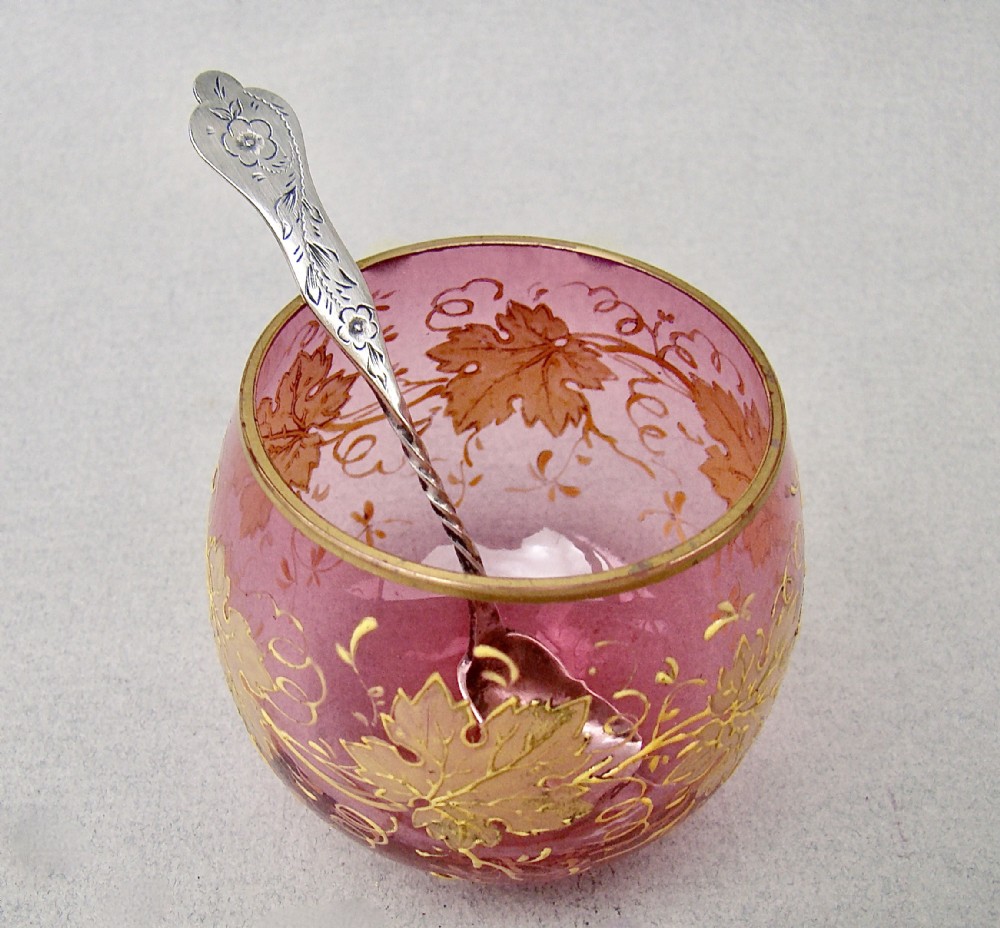 delightful moser cranberry glass salt with french silver salt spoon circa 1890