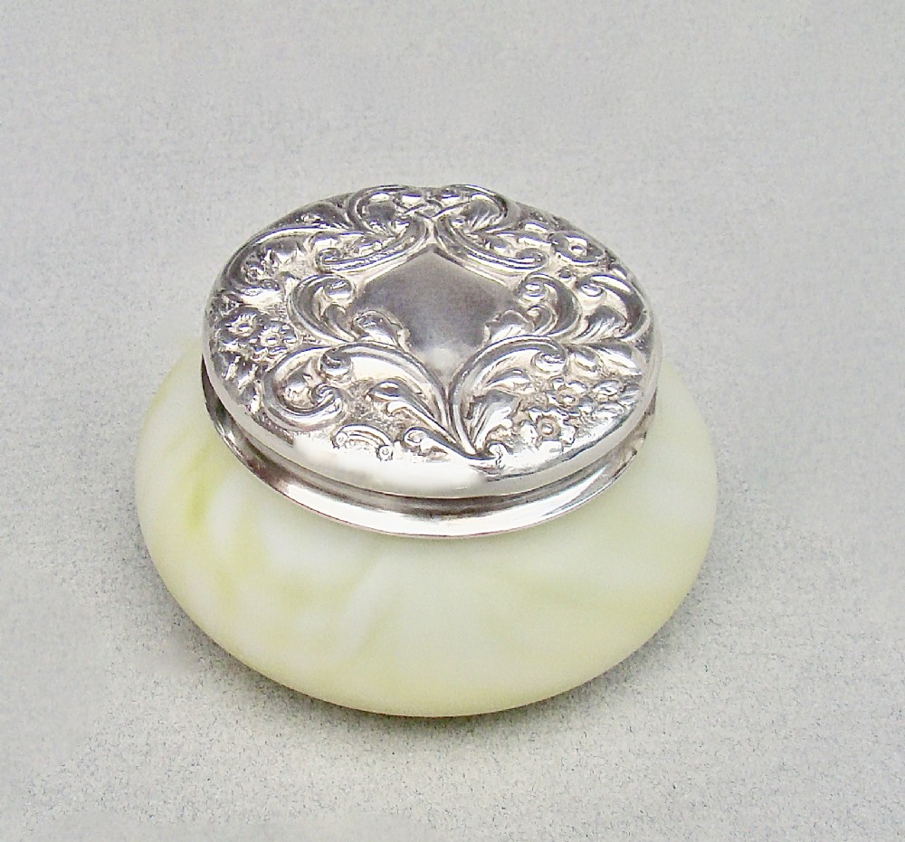 edwardian silver lidded satin glass trinket box by a bromet co birmingham 1902