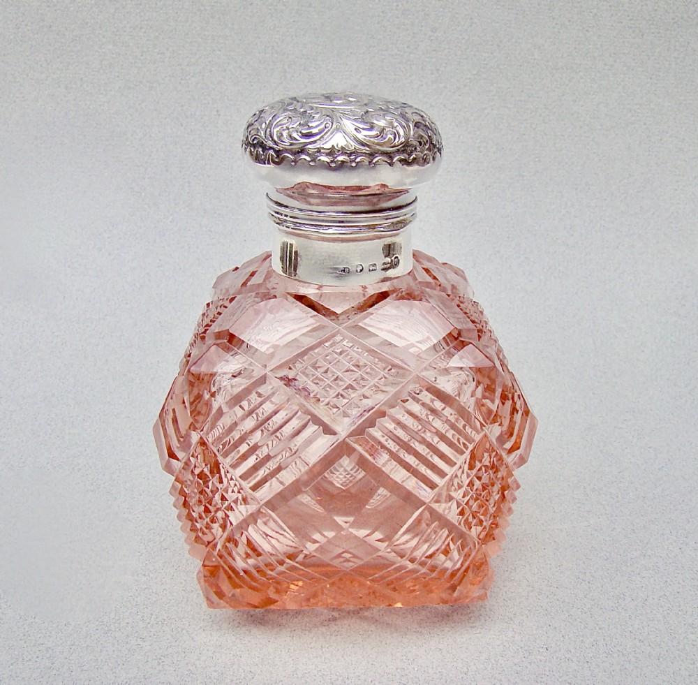 fabulous victorian silver pale salmon pink large glass scent bottle by henry bourne birmingham 1887