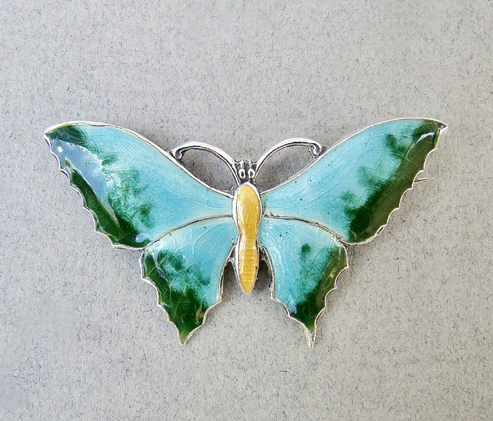 superb scandinavian sterling silver guilloche enamel butterfly brooch circa 1930