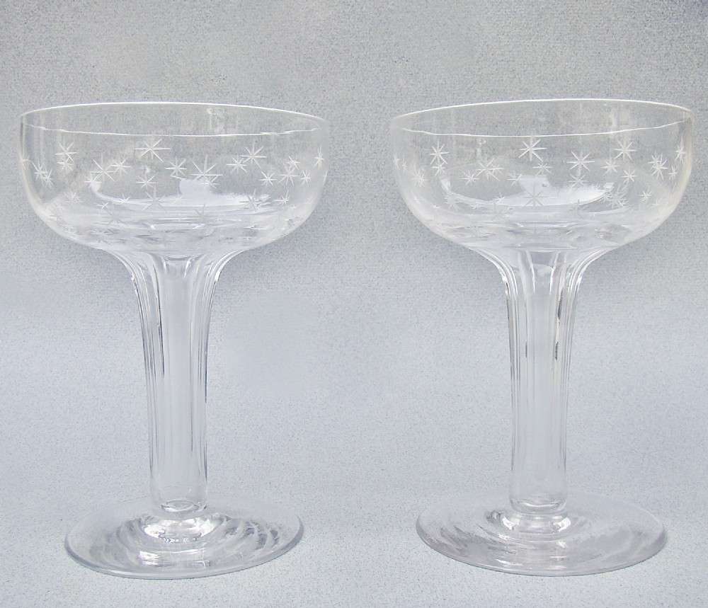 fabulous pair of victorian staretched hollow stem champagne glasses circa 1880