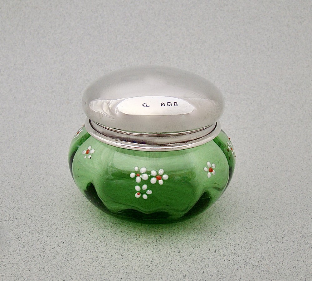 delightful silver lidded enamelled green glass dressing table jar london 1919
